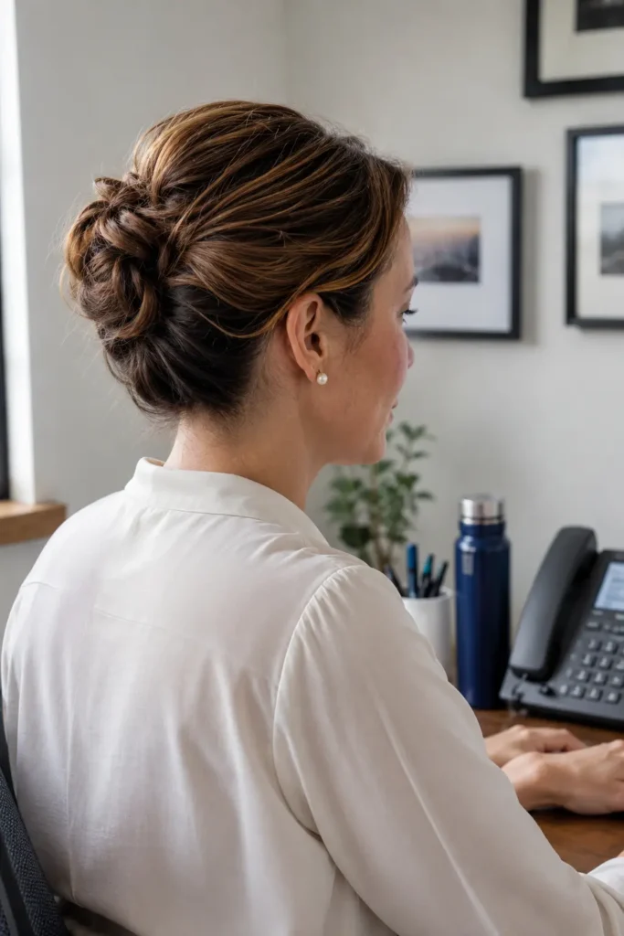 everyday woman with a natural tucked-in updo hairstyle seated in a professional office setting. The hairstyle is shown from the side and back, highlighting neatly tucked hair with realistic texture and elegant styling. Soft daylight illuminates the scene