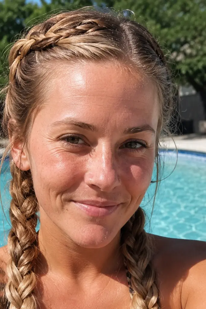 Side-profile portrait of a real English woman aged 30–45 with soft honey blonde hair styled in a low twisted bun. The hairstyle is the main focus, showing smooth twists, natural texture, and loose face-framing strands. She stands beside an outdoor swimming pool on a bright summer day