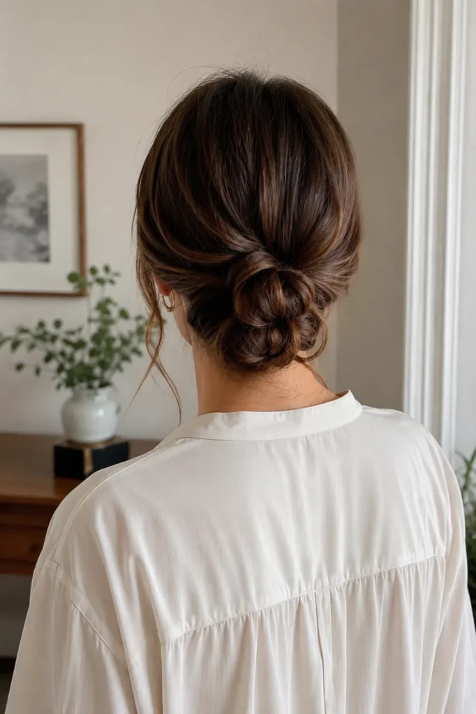 Back view of a real woman with medium-length brunette hair styled in a twisted low chignon. The polished updo features softly twisted sections gathered at the nape of the neck, showcasing realistic hair texture and natural dimension. She wears an elegant casual cream blouse in a bright indoor setting with soft natural light