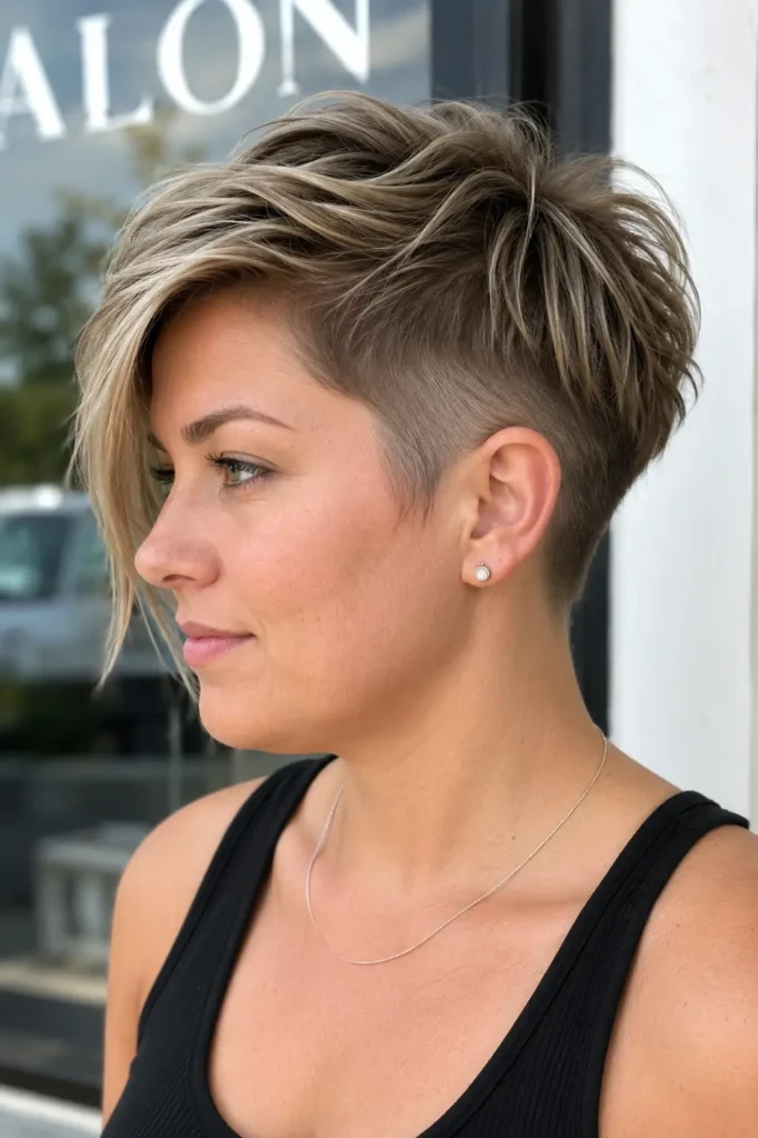 English woman with a round face wearing an undercut pixie bob haircut featuring closely tapered sides, textured voluminous top layers, and glossy blonde hair.