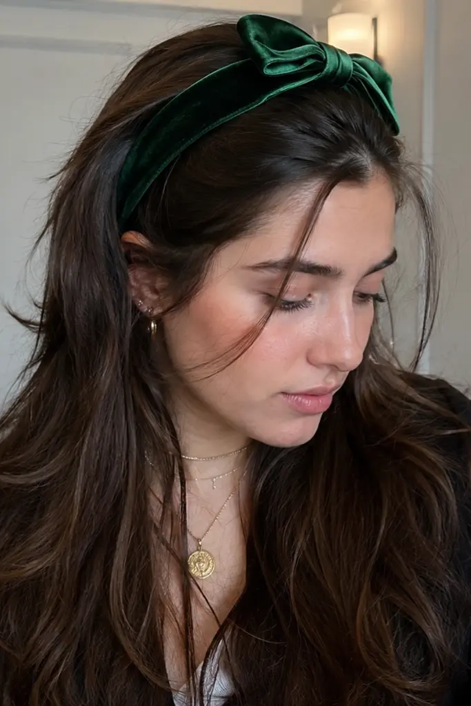 Realistic portrait of a 21-year-old woman wearing a green velvet bow headband with long layered dark hair. The hairstyle is the main focus, showcasing soft layers, natural volume, and flowing texture