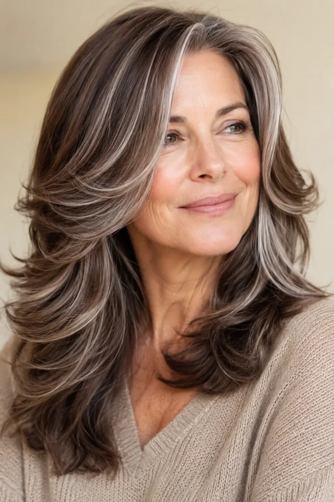 English woman aged 45–60 with velvet brown hair and elegant silver contour highlights, featuring glossy layered waves, realistic skin texture, a beige knit sweater, and a soft cream background in bright natural daylight.