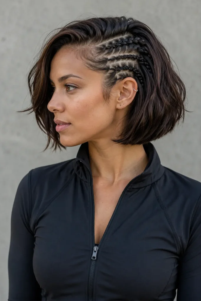 woman with a short bob hairstyle featuring intricate temple braids along one side, wearing a fitted black zip-up sports jacket.