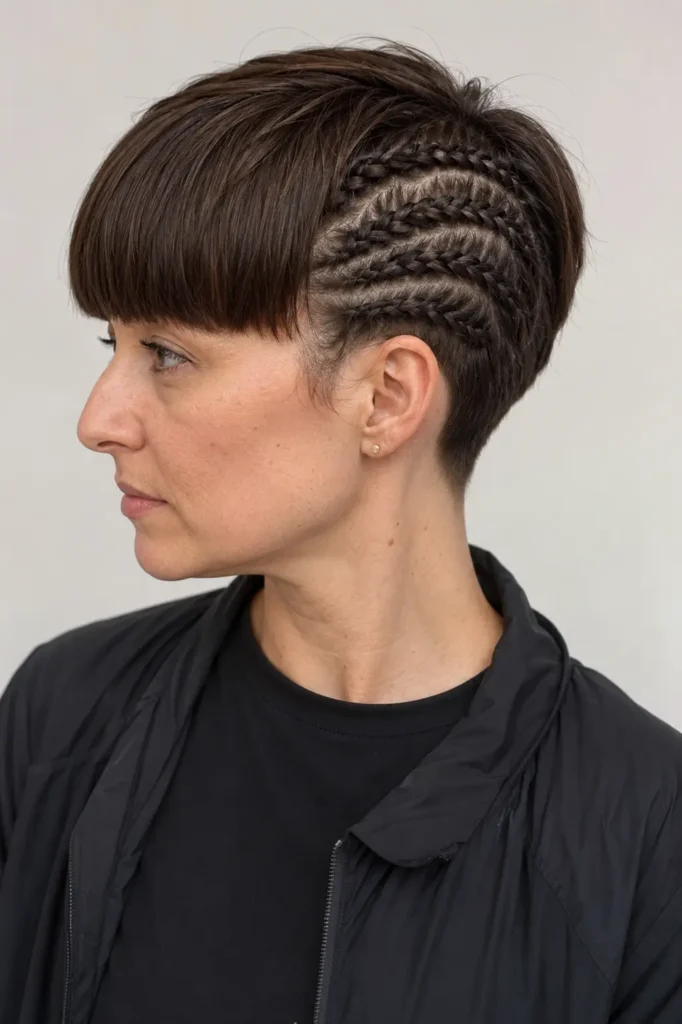 woman with a short bowl cut hairstyle featuring intricate side braids and crown braiding detail, wearing a lightweight black sports jacket