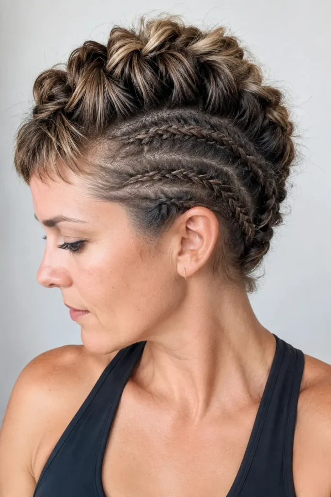 woman with a braided French crop hairstyle featuring a short textured fringe and intricate side braids. She wears a black athletic tank top and is shown in profile against a clean neutral background