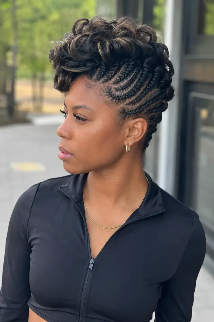 woman with a short braided pompadour hairstyle featuring a voluminous lifted top and neatly braided sides, wearing a fitted black athletic crop jacket. The portrait highlights natural skin texture, authentic facial features, and detailed braid work in soft outdoor lighting,
