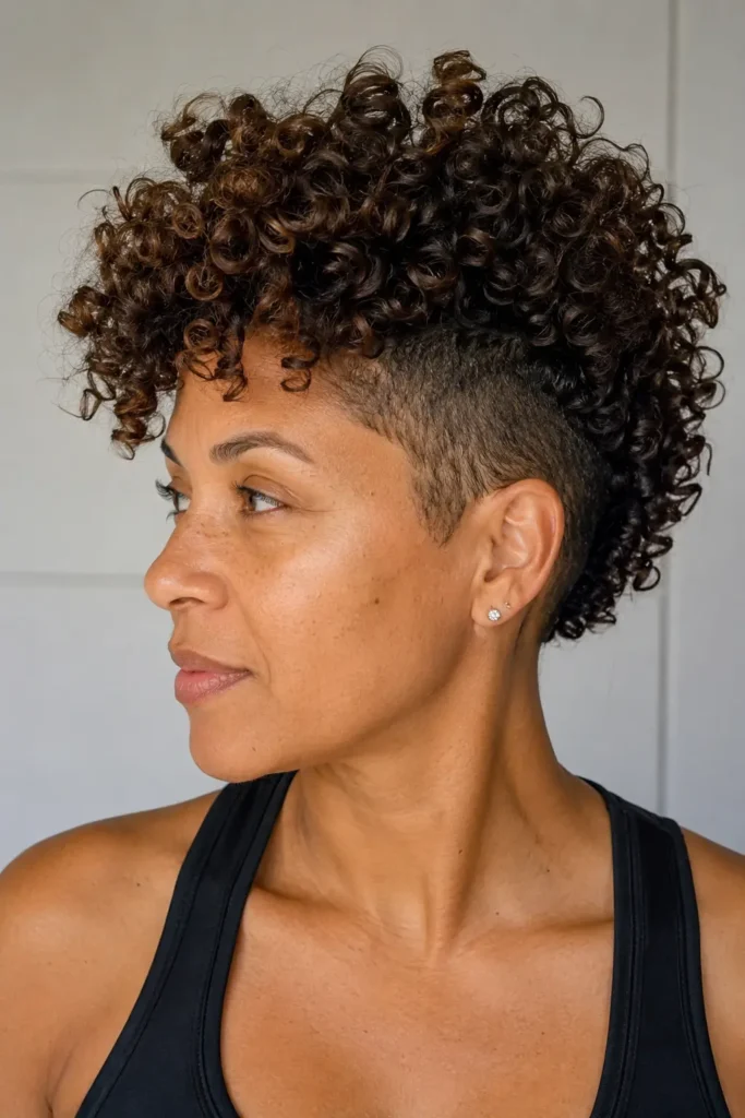 woman with a short curly mohawk hairstyle featuring defined natural curls on top and closely cropped sides. She wears a fitted black athletic tank top and looks to the side in a vertical portrait. The image highlights healthy curl definition
