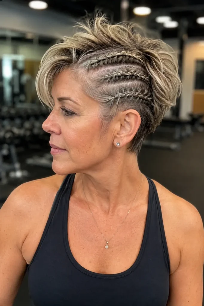 woman with a feathered pixie hairstyle featuring intricate side braids and soft textured layers. She wears a black athletic tank top in a gym setting
