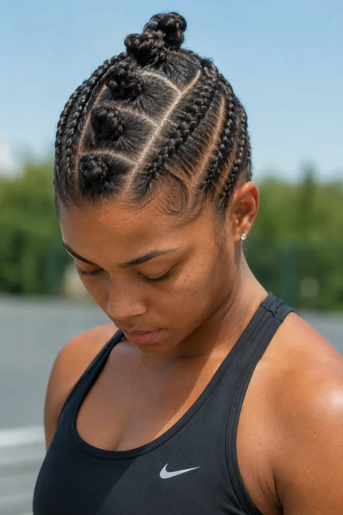 woman with a short knot hawk hairstyle featuring multiple small knots running along the center of the head and neatly braided sides. She wears a fitted black athletic training top and looks downward in a clean outdoor setting