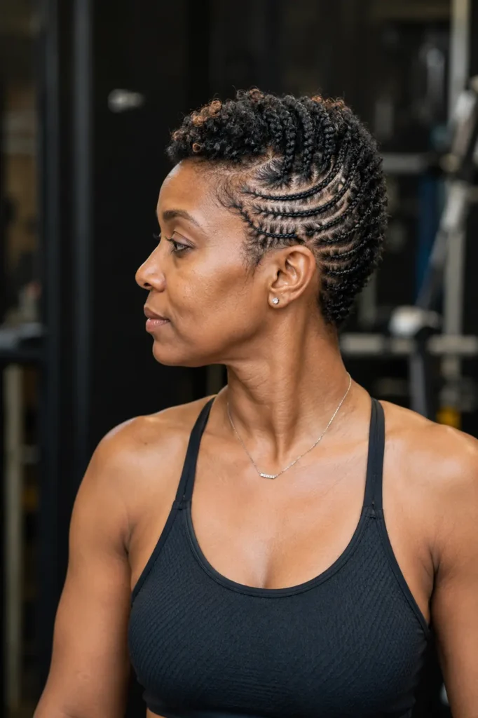 woman with a tapered crop hairstyle featuring decorative side braids and a textured curly top, wearing fitted black performance workout clothing