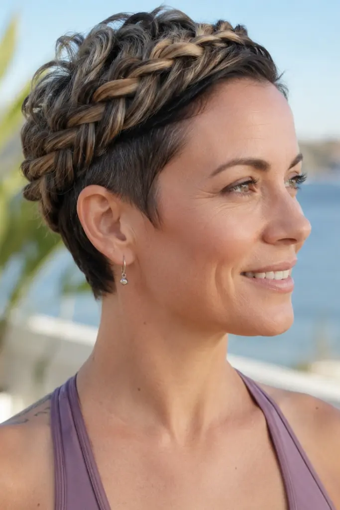woman with a short textured pixie haircut featuring a detailed braided crown wrapped around the head. She wears a mauve athletic yoga top and stands outdoors in soft natural light. The hairstyle is the main focus, showcasing realistic hair texture