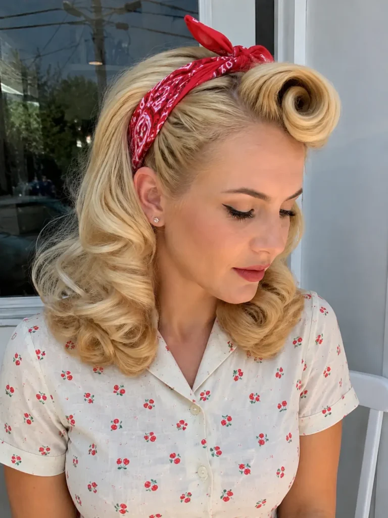 **Alt Text:**
English woman with buttery blonde vintage waves and a red Rosie-style bandana, photographed in bright natural daylight with a retro-inspired hairstyle focus.
