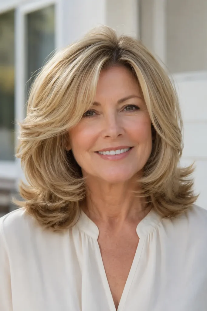 English woman aged around 58 with a medium-length voluminous blowout hairstyle featuring glossy feathered layers and soft movement, photographed in bright natural daylight. She wears a modest ivory blouse and smiles gently against a softly blurred neutral background