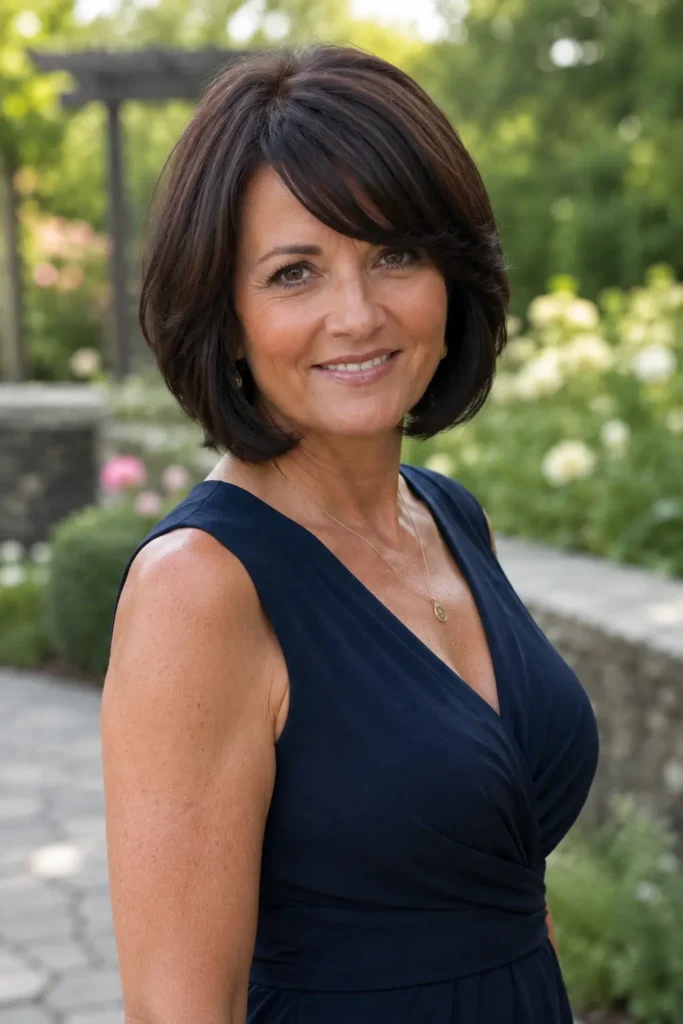 woman aged 30–55 with a voluminous dark brunette bob haircut and side fringe, standing in a lush outdoor garden. She wears an elegant navy dress and smiles softly at the camera.