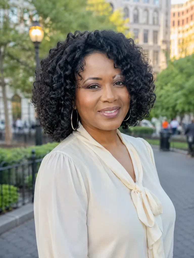woman aged 30–50 with a voluminous curly bob hairstyle featuring full, defined curls. She is wearing an elegant cream blouse and standing in an outdoor city park with greenery and urban buildings softly blurred in the background.