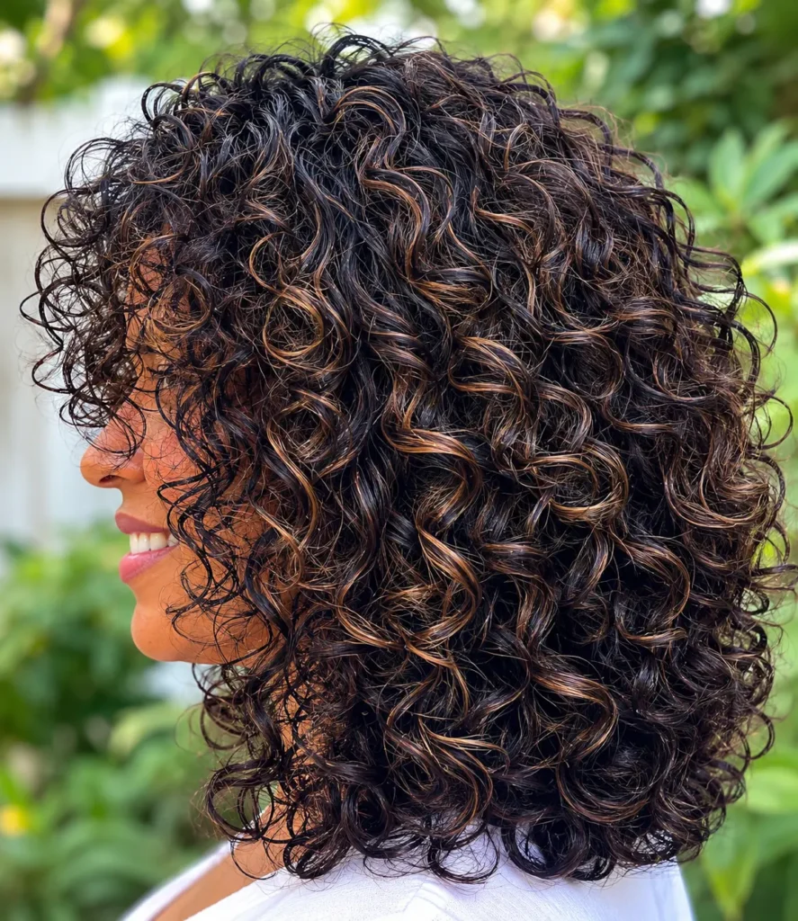 Close-up back and side view of a plus-size woman with a voluminous layered curly hairstyle featuring defined natural curls and subtle caramel highlights. The shoulder-length curls are full of texture and movement