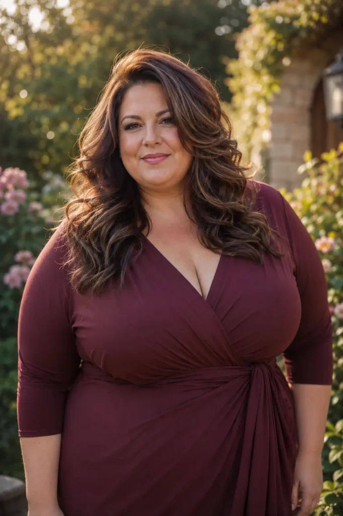 plus size woman with a voluminous layered hairstyle and soft brunette waves with subtle highlights, standing in a floral garden during golden hour