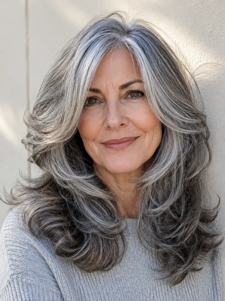 **Alt text:**
English woman with a voluminous salt and pepper blowout featuring soft rounded layers and glossy silver-gray hair.
