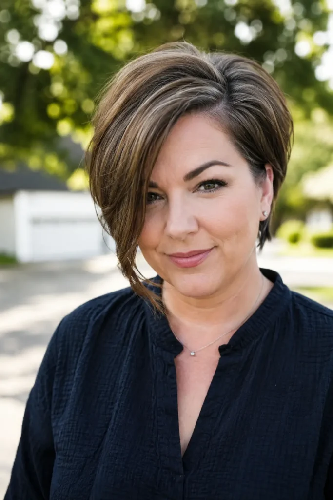 woman aged 28–45 with a round face and a voluminous side-part pixie bob haircut. The hairstyle features lifted crown volume, textured layers, and a deep side part that frames the face beautifully