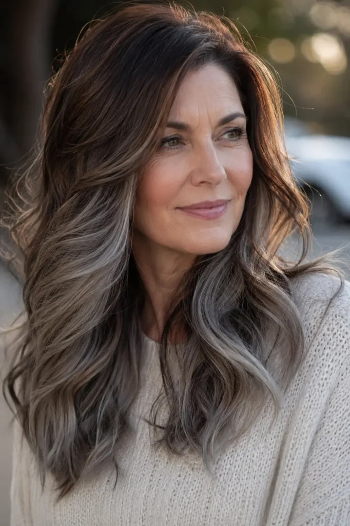 **Alt text:** A real English woman with walnut brown hair fading into frosted silver ombré ends, styled in soft glossy waves, wearing an ivory knit sweater in bright natural daylight with a blurred neutral background.
