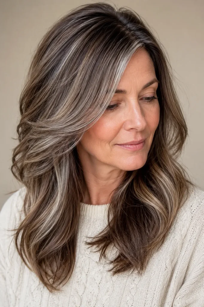 **Alt text:** Real English woman with warm brown hair and smoky silver highlights styled in soft layered waves, wearing a modest cream sweater against a neutral beige background.
