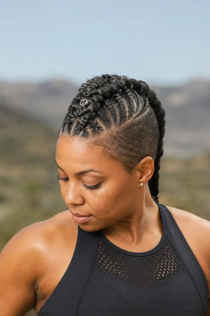 woman with a short faux hawk braid hairstyle featuring detailed center braids and closely trimmed sides, wearing a black sleeveless fitness top outdoors.