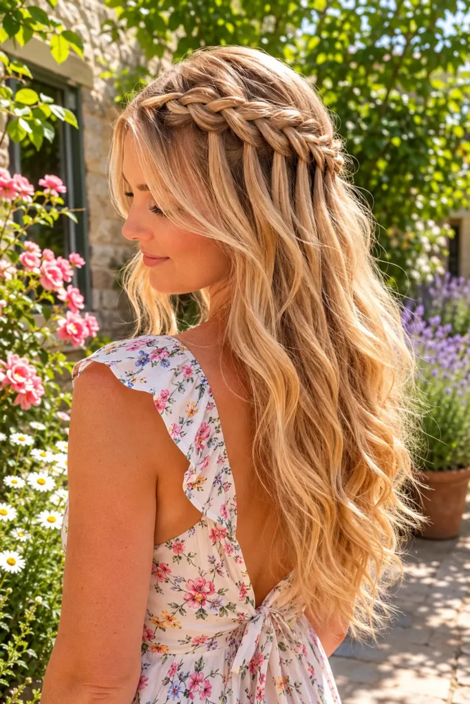 A realistic outdoor portrait of an English woman in her late twenties to thirties wearing a light floral summer dress. Her long golden blonde hair is styled in an intricate waterfall braid that flows into loose, wavy lengths with natural texture and shine