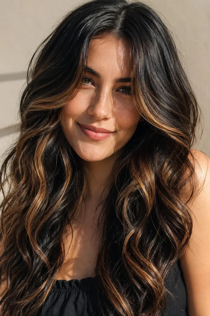 woman with long wavy black hair enhanced by glowing golden brown highlights. Her face is fully visible with a soft natural smile, while silky, glossy hair catches the bright daylight