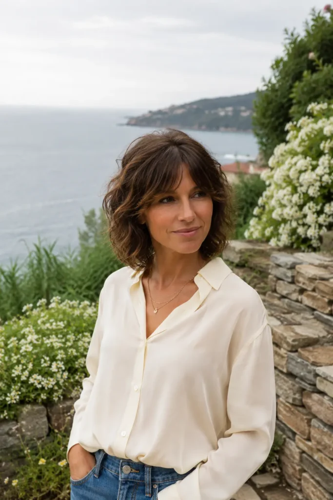 woman with a wavy bob hairstyle and soft curtain bangs, rich brown hair with subtle highlights, standing in a coastal garden overlooking the sea. She wears an elegant cream blouse and casual jeans