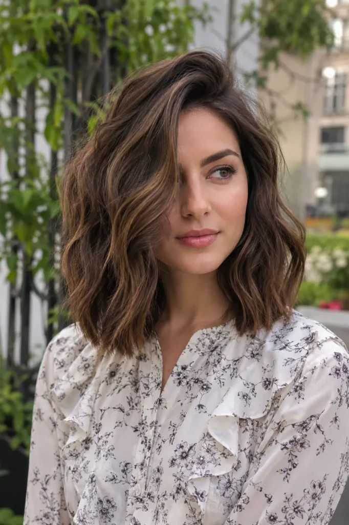 Young woman with a shoulder-length wavy lob and deep side part, featuring voluminous roots and textured waves,