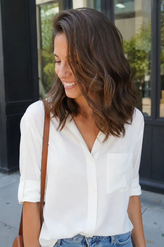 woman with a medium-length wavy brunette lob styled with a deep side part, showcasing natural volume and texture. She smiles authentically while wearing a casual white blouse in an outdoor setting with soft natural daylight.