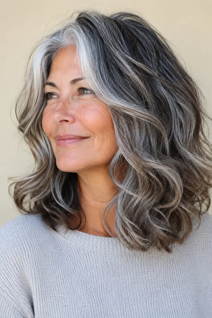 an English woman aged around 50–70 with shoulder-length naturally wavy salt and pepper hair featuring soft layered movement