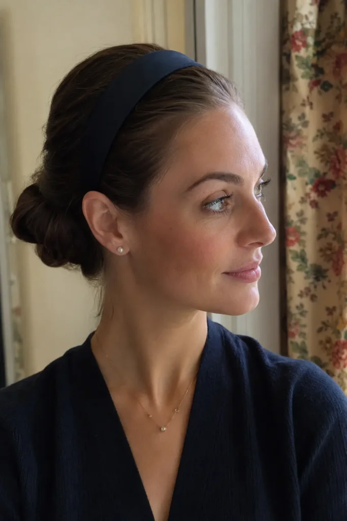 a woman wearing a wide fabric headband with an elegant low bun hairstyle, featuring natural skin texture, authentic facial features, minimal makeup, and soft indoor lighting with the hairstyle as the main focus.