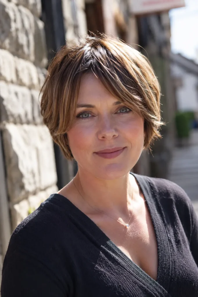English woman with a round face wearing a pixie bob haircut and soft curtain bangs, featuring face-framing layers and healthy shine