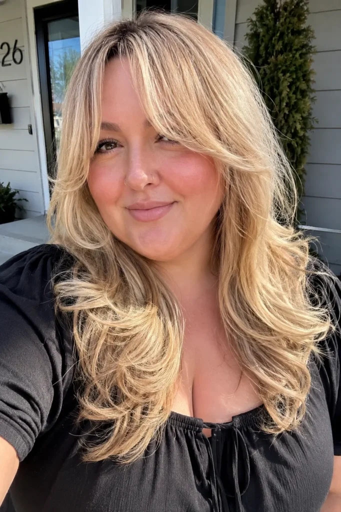 English plus-size woman with a medium-length blowout hairstyle and wispy curtain bangs in soft beige blonde. Her glossy, voluminous hair frames her face beautifully in bright natural daylight, highlighting realistic skin texture and healthy shine