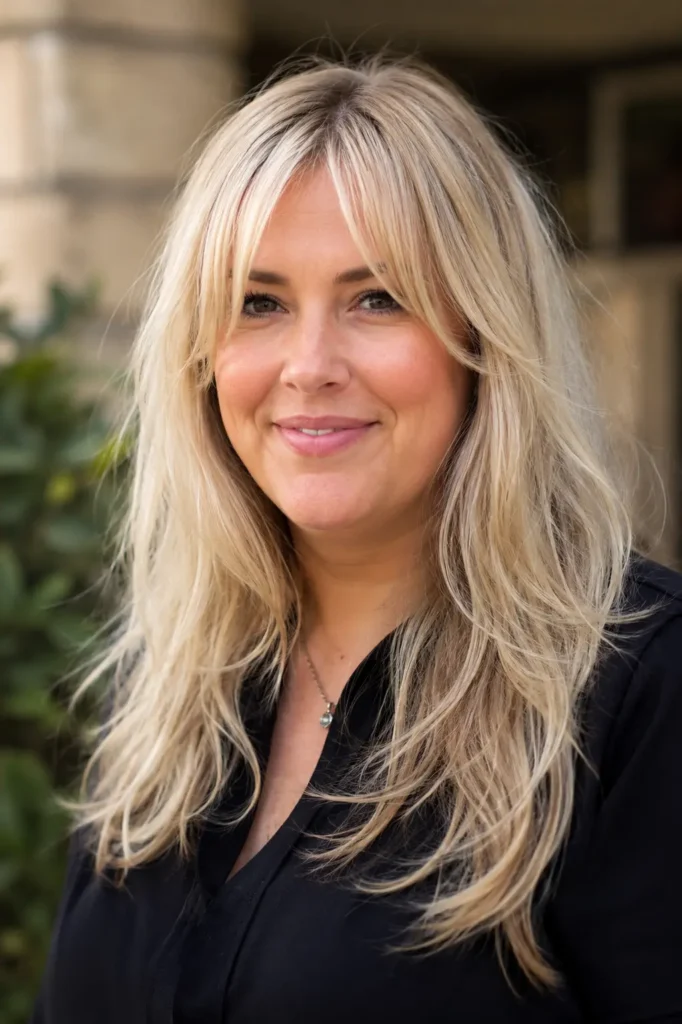 Plus-size English woman with wispy curtain bangs and long layered blonde hair, featuring soft face-framing layers and healthy shiny strands.