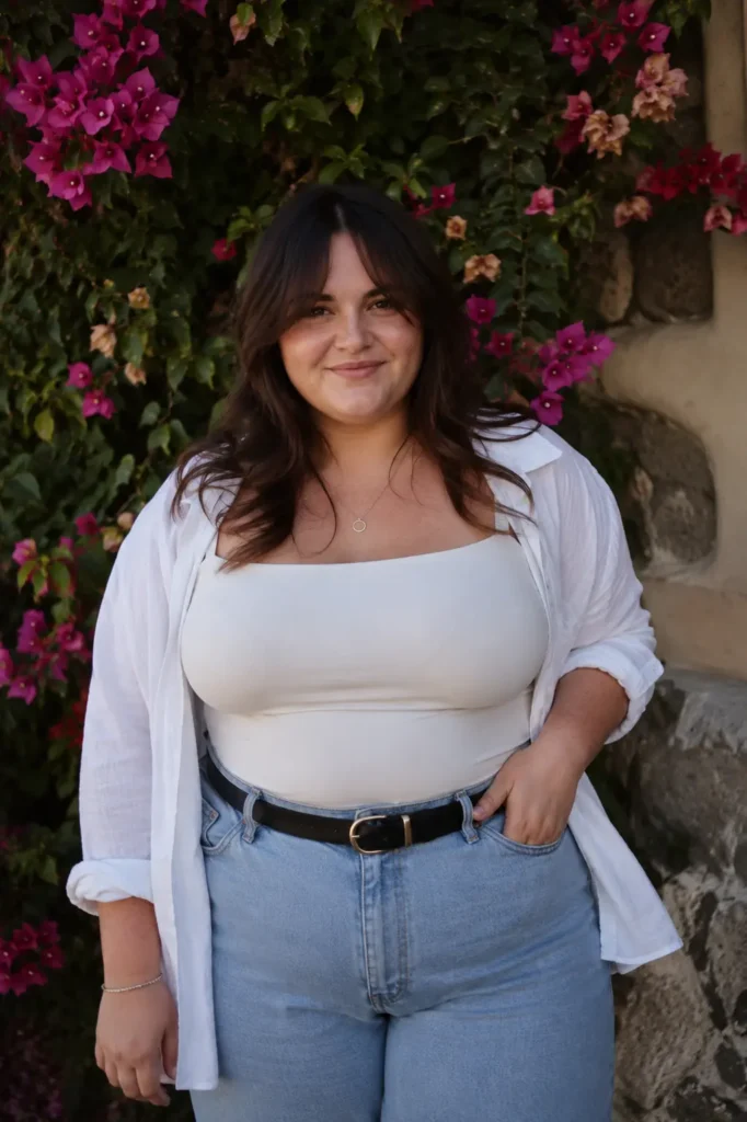 Plus-size woman aged 25–45 with dark chestnut brown wispy layered hair and a middle part, smiling naturally in an outdoor floral setting. She wears a casual chic outfit with a white top, open button-down shirt, and light-wash jeans