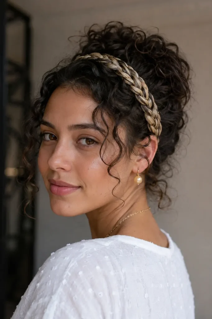 Realistic portrait of a young woman wearing a woven headband with a curly updo hairstyle, featuring defined natural curls, soft facial features, and detailed skin texture, with the hairstyle as the main focal point in an elegant vertical composition.