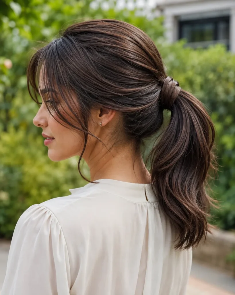 Portrait of a 25-year-old woman with a shoulder-length wavy hairstyle featuring a deep side part, voluminous roots, and soft textured waves. She wears a modest cream-colored blouse and stands in a colorful floral garden under natural daylight
