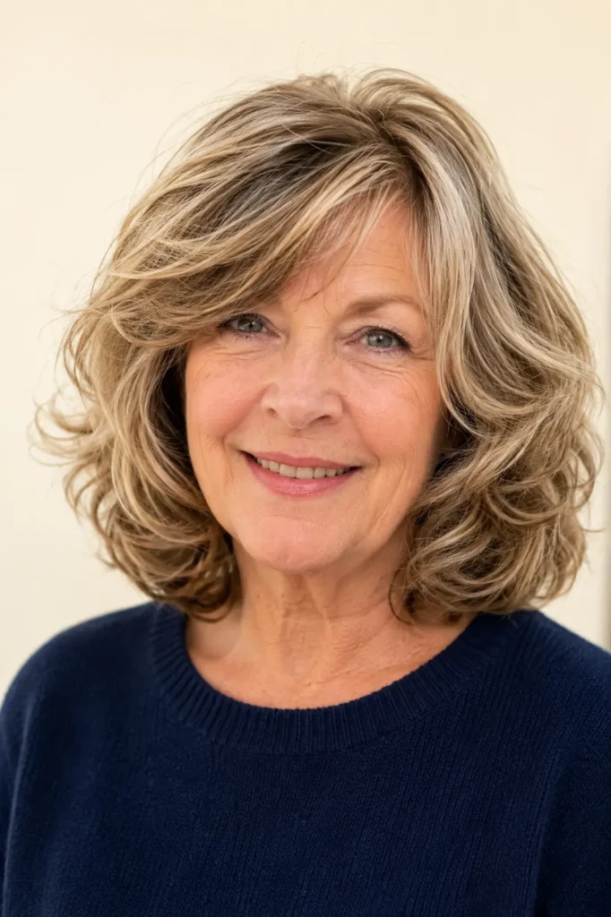 a real English woman in her late 50s with a medium layered bob styled in soft, defined curls. Her glossy, voluminous blonde hair frames her face with natural movement and detailed texture. She wears a modest navy blue sweater