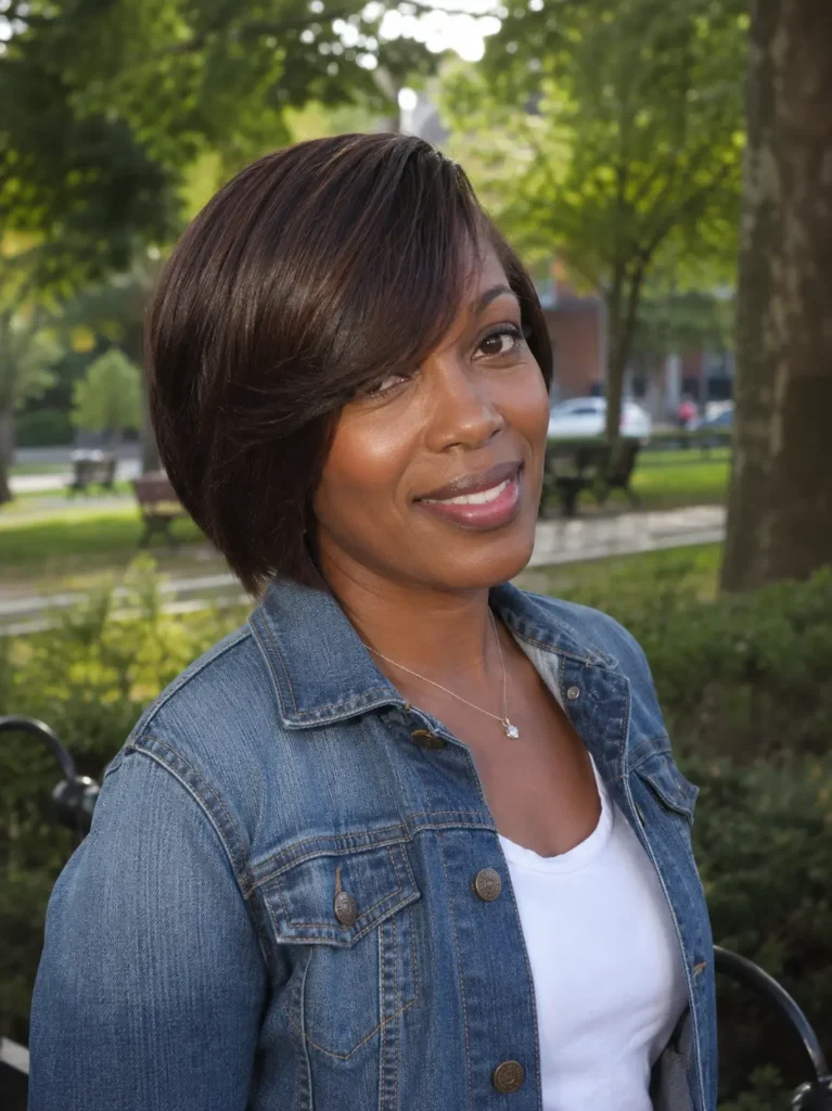 Black woman with a sleek dark brown bob haircut and side-parted bangs, smiling outdoors in a green park.