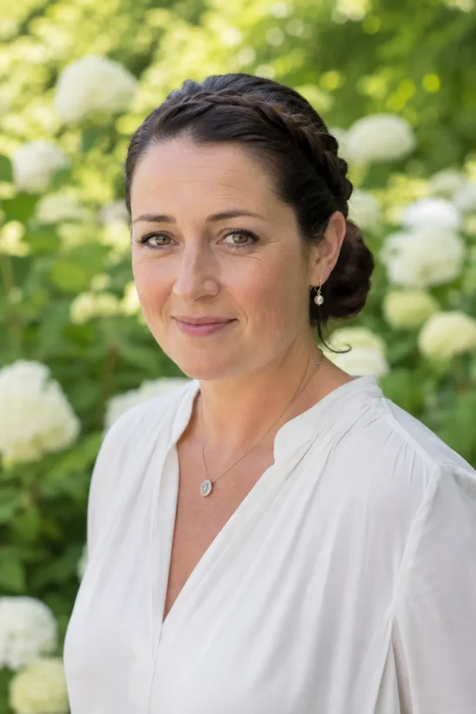 woman aged 30–45 with a dark brown braided bun hairstyle, wearing an elegant white blouse in a sunlit garden.