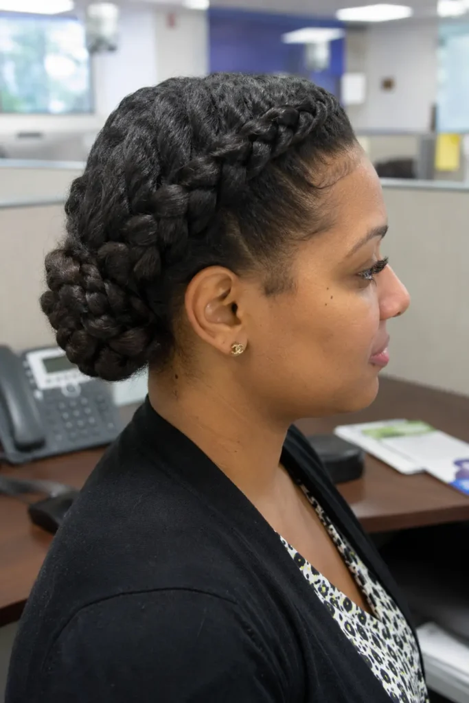 Side-profile portrait of a real woman in a professional office setting wearing a braided crown bun hairstyle on natural hair. Thick braids wrap around her head to form a crown, leading into an elegant low bun at the nape.