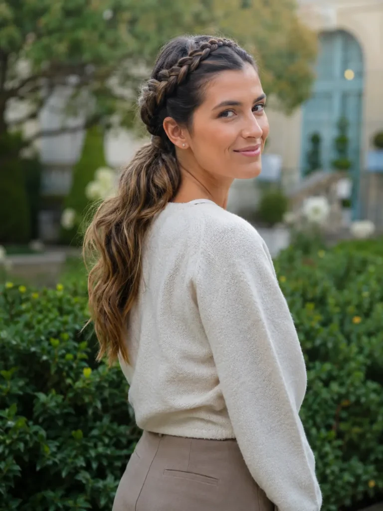 woman aged 25–40 with a braided crown ponytail and long honey-brown hair standing in a sunlit garden. The hairstyle features a crown braid wrapped around the head flowing into a loose ponytail with soft waves.