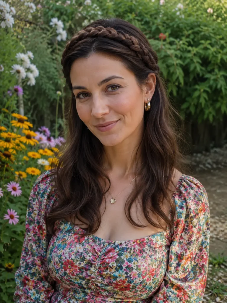 woman with a braided headband hairstyle and soft brunette hair standing in a colorful floral garden. She wears an elegant casual floral outfit and smiles naturally in soft daylight