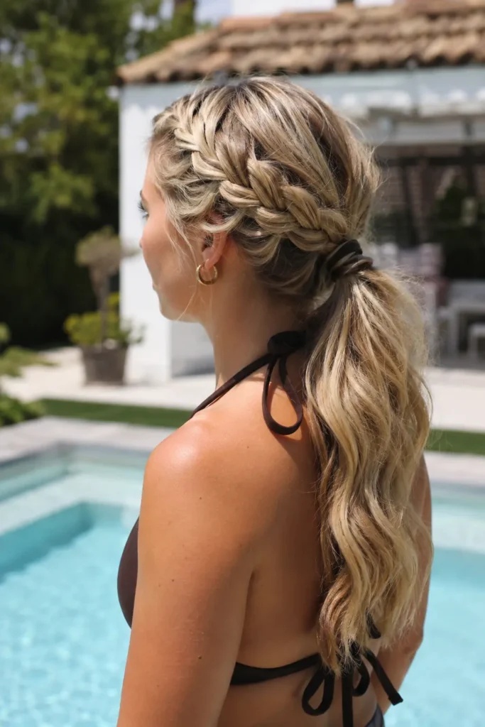 woman aged 25–40 with a braided ponytail hairstyle and long champagne blonde hair standing beside a swimming pool in bright summer sunshine. The detailed braid flows into a wavy ponytail, with realistic hair texture and natural volume
