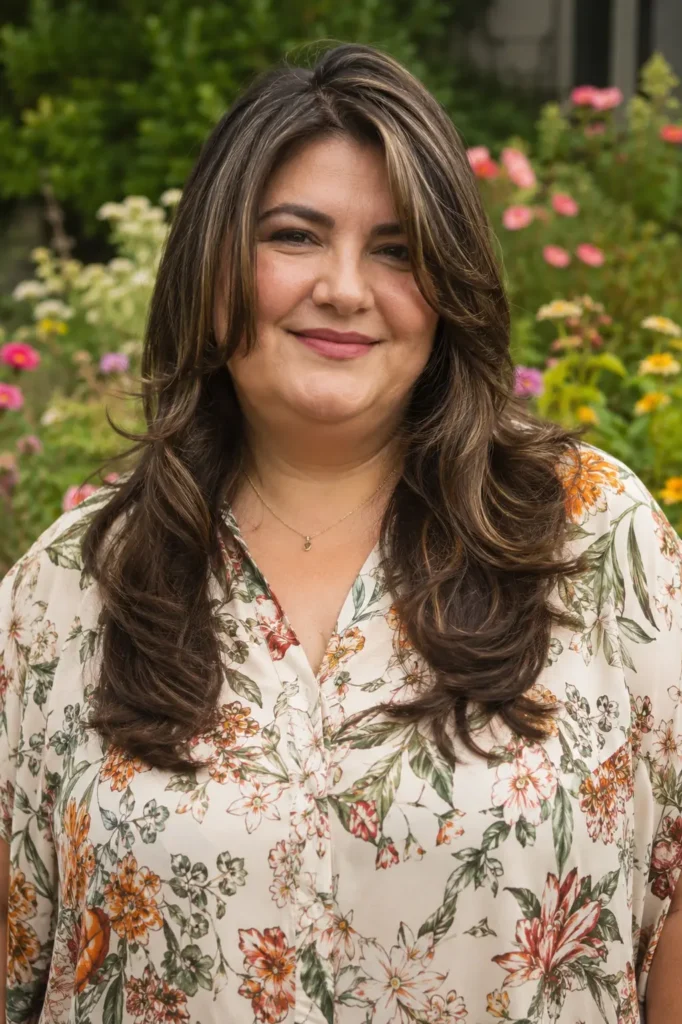 plus size woman with a butterfly haircut featuring layered brunette hair and soft highlights, wearing an elegant floral blouse in a blooming garden
