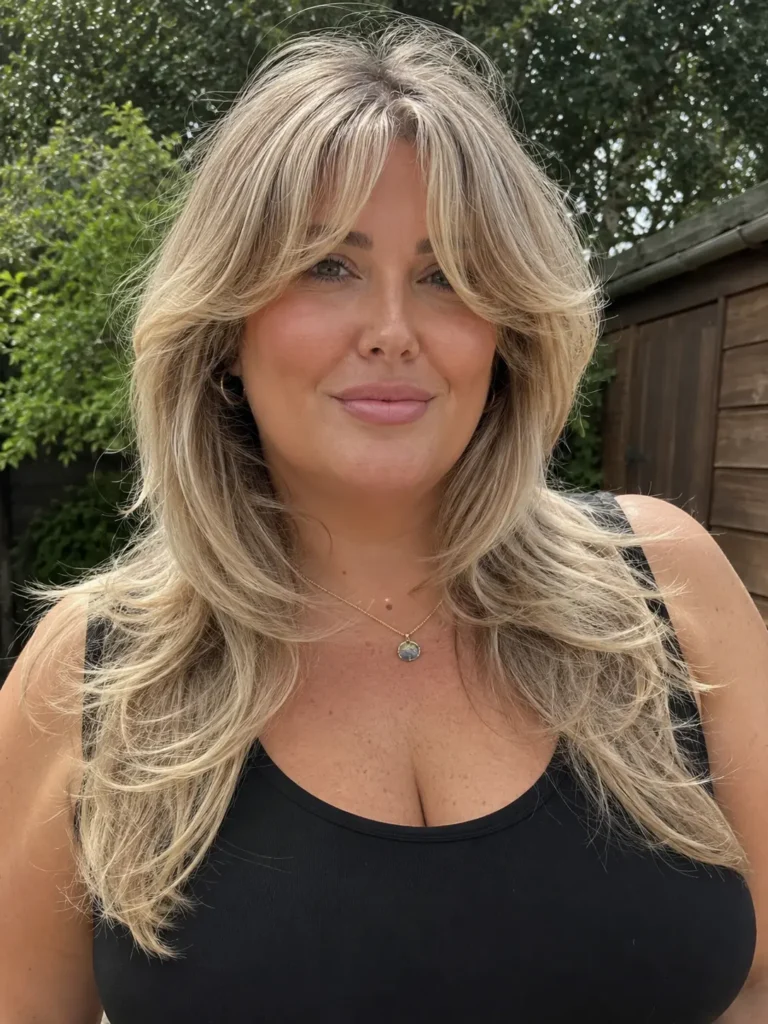 Plus-size English woman with a butterfly layered haircut and wispy fringe, featuring beige blonde hair with voluminous feathered layers and healthy shine