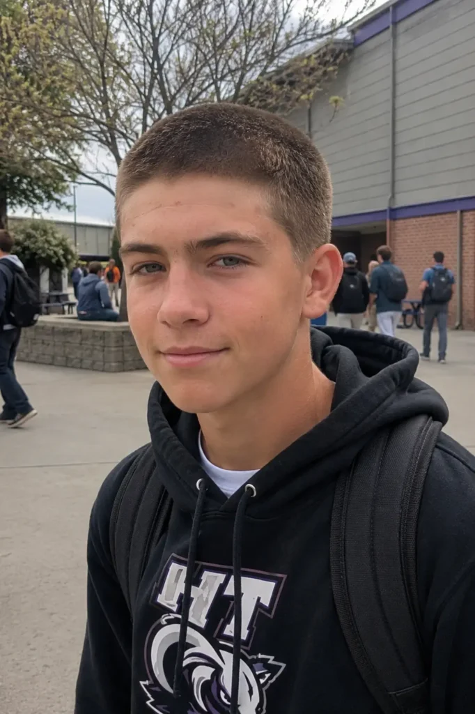 teenage boy with a buzz cut haircut standing on a school campus in natural daylight, wearing a black hoodie and backpack, with short evenly trimmed hair