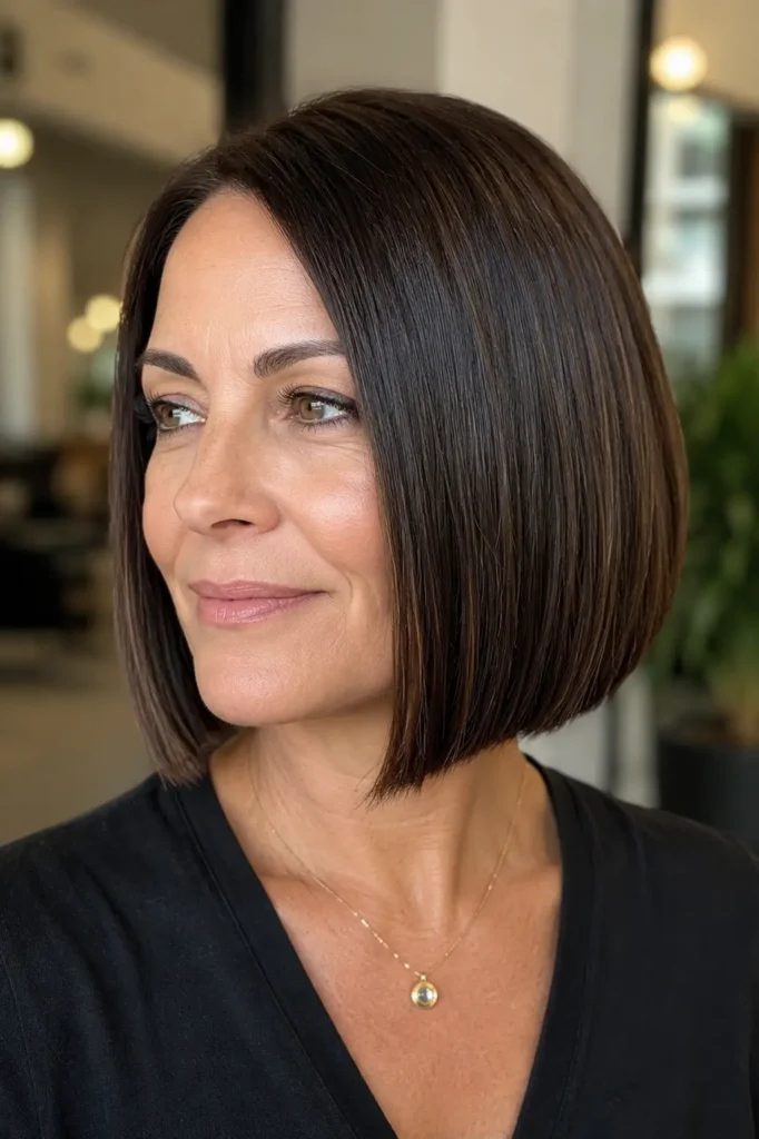 Close-up portrait of a real woman over 40 with a sleek chin-length blunt bob haircut. Her straight brunette hair features sharp, clean edges, natural shine, and smooth texture, showcasing the precision of the cut. The hairstyle is the focal point of the image